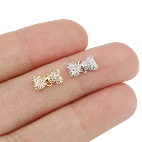 Micro Pave Rhinestone Bow Knot Pendant Connector 14K Gold Plated Copper Bow Tie Double Loop Charms For DIY Jewelry Making