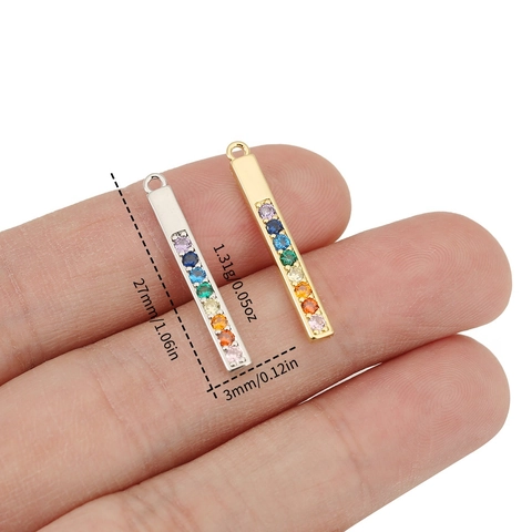 Pendentif Barre en Zirconia Arc-en-Ciel Cuivre Plaqué Or 18K Breloques Rectangles pour Accessoires de Bijoux Collier Boucle d'Oreille DIY