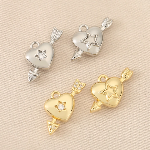 Colgante de Corazón con Flecha de Cobre Vintage Bañado en Oro 18K para Joyería DIY Diamante Imitación Estrella Corazón