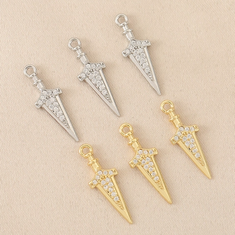 Vintage Copper Sword Dagger Pendant For Jewelry Making 18K Gold Silver Plated Zirconia Inlaid Personalized Jewelry DIY Pendant