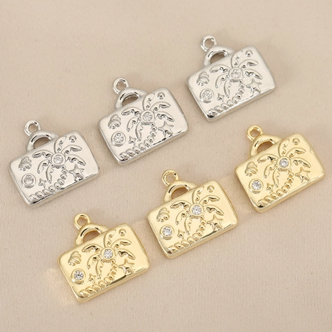 Tropical Palm Tree Suitcase Copper Zirconia Pendant DIY Jewelry Making Vacation Style Gold Silver Plated Bag Charm Accessory