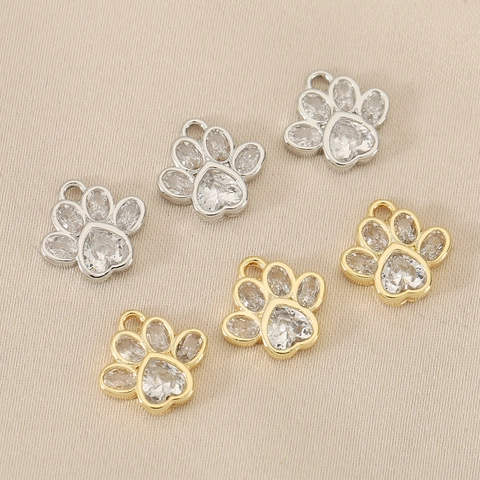 Copper 18K Gold Plated Paw Pendant Only Heart Shape Rhinestone Animal Paw Print Charm For DIY Jewelry Necklace Accessory