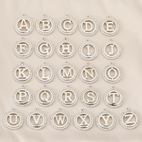 Copper Round Alphabet Pendant Only Without Chain Pave Rhinestone 26 English Letters DIY Jewelry Charms Gold Silver Plated