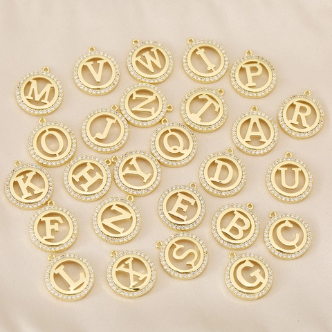 Copper Round Alphabet Pendant Only Without Chain Pave Rhinestone 26 English Letters DIY Jewelry Charms Gold Silver Plated