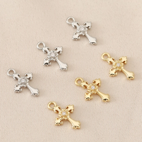 18K Gold Plated Brass Zirconia Cross Pendant For DIY Jewelry Making Vintage Baroque Charm Necklace Bracelet Accessory Findings