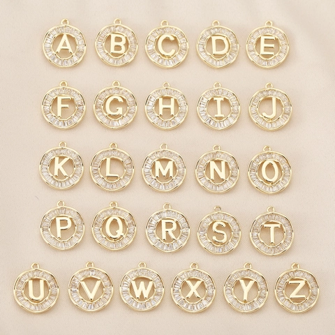 Alphabet Letter Round Pendants Copper 18K Gold Plated Rhinestone Charms For DIY Jewelry Making Necklace Bracelet Accessory