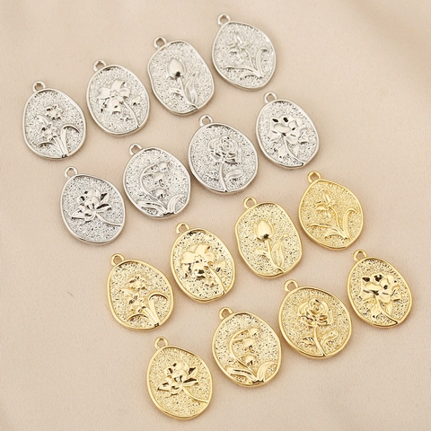 Vintage 18K Gold Plated Copper Flower Relief Pendant Only (Without Chain) Frosted Oval Floral DIY Jewelry Making Accessory