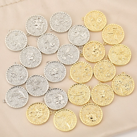 18K Gold Plated Copper Round Floral Relief Pendant Vintage Chinese Style Flower Charm For DIY Necklace Bracelet Making Jewelry Accessorie