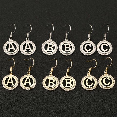 Copper Rhinestone Pave Round English Letter Drop Earrings For Women Gold Silver Plated Elegant Initial Alphabet Dangle Jewelry