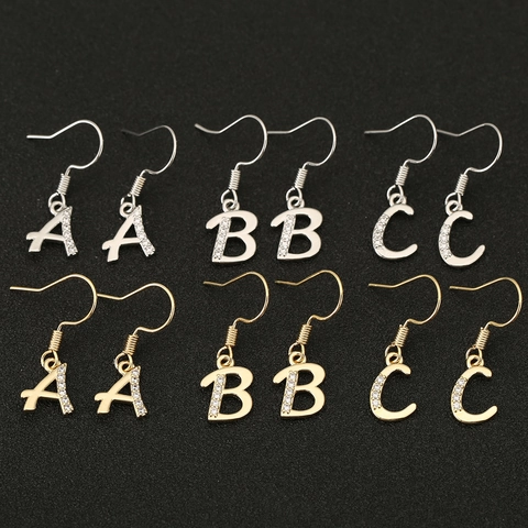 18K Gold Plated Copper Letter Dangle Earrings For Women Rhinestone Alphabet Initial Hook Earrings Fashion Jewelry PJ0227