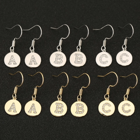18K Gold Plated Copper Alphabet Letter Round Pendant Hook Earrings For Women Pave Rhinestone Simple Jewelry Accessory
