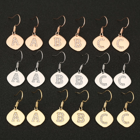 Vintage Copper Rhinestone Initial Alphabet Dangle Earrings For Women Gold Silver Rose Gold Plated Letter Ear Hook Jewelry