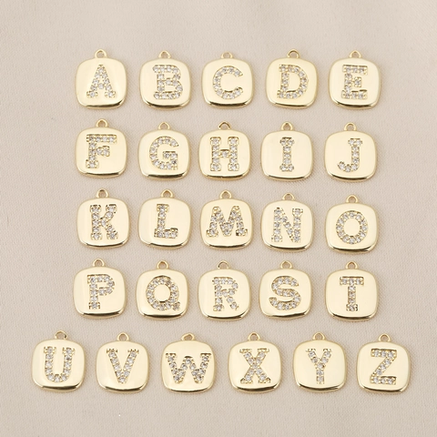 Eighteen K Gold Plated Brass Alphabet Letter Pendant Zirconia Inlaid Square Charm For DIY Necklace Bracelet Jewelry Making