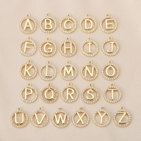 18K Gold Plated Brass Initial Pendant Necklace Bracelet DIY Accessory Hollow Round Zircon Micro Pave Capital Letter Charm