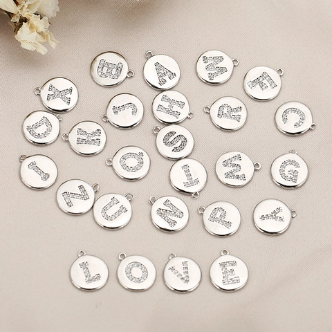 Copper Round Letter Pendant Initial Charm Rhinestone Micro Pave For Necklace Bracelet DIY Jewelry Finding Women Accessory