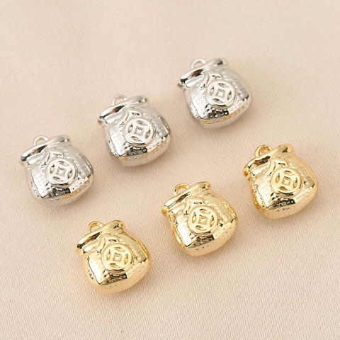 18K Gold Plated Copper Money Bag Pendant For DIY Jewelry Making Lucky Bag Charms With Coin Pattern Folk Style Jewelry Findings