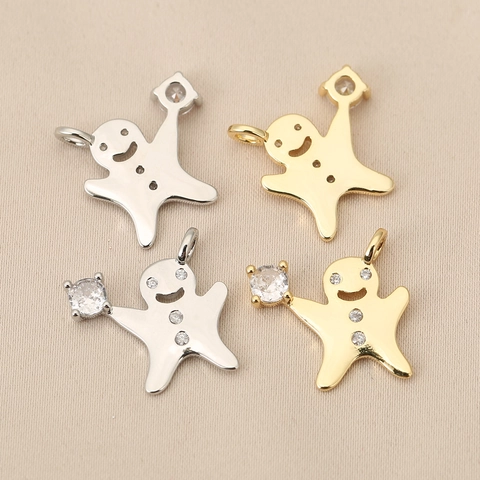 Pendentif en Cuivre Plaqué Or 18K Visage Souriant Bonhomme de Pain d'Épice Étoile Lune Avec Zirconia pour DIY Collier Bracelet Fabrication de Bijoux