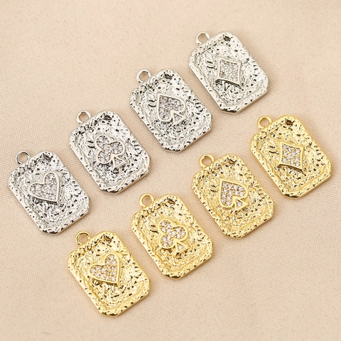 Colgante de Cobre Chapado en Oro Textura Martillada Cartas de Póker Con Incrustación de Circón Accesorios Joyería DIY para Collar
