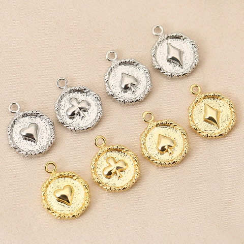 18K Gold Plated Brass Poker Spade Heart Club Diamond Round Coin Pendant For DIY Necklace Bracelet Jewelry Making Accessories