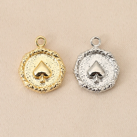 18K Gold Plated Brass Poker Spade Heart Club Diamond Round Coin Pendant For DIY Necklace Bracelet Jewelry Making Accessories