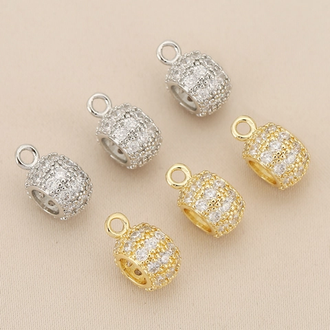 18K Gold Plated Copper Barrel Charm With Cubic Zirconia Pavé DIY Jewelry Making Spacer Bead Cylinder Pendant For Bracelets