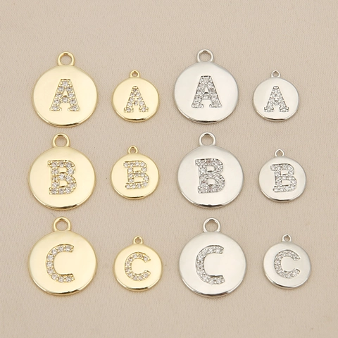 Copper Round Letter Pendant Initial Charm Rhinestone Micro Pave For Necklace Bracelet DIY Jewelry Finding Women Accessory