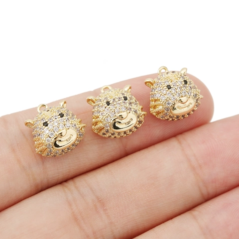 Cartoon Tiger Head Pendant Gold Plated Copper Rhinestone Charm For DIY Jewelry Making Necklace Bracelet Women Gift
