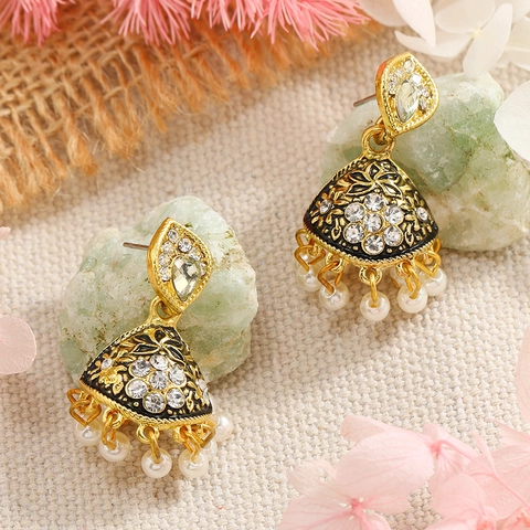 Vintage Bohemian Alloy Rhinestone Jhumka Earrings For Women Ethnic Floral Enamel Bell Drop Earrings With Faux Artificial Pearl Tassels