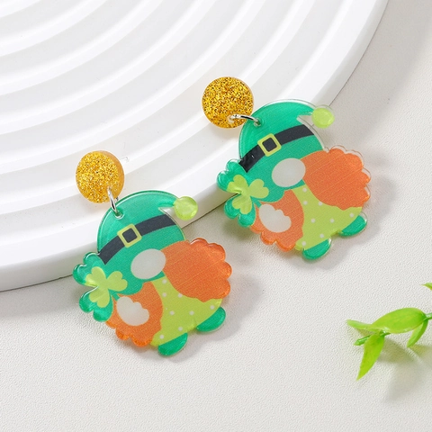St Patricks Day Gnome Leprechaun Acrylic Earrings Green Shamrock Clover Pattern Festive Party Jewelry For Women Holiday Gift