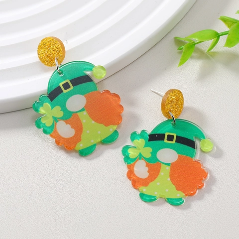 St Patricks Day Gnome Leprechaun Acrylic Earrings Green Shamrock Clover Pattern Festive Party Jewelry For Women Holiday Gift