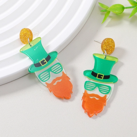 St Patrick's Day Leprechaun Acrylic Drop Earrings Green Hat Orange Beard Sunglasses Festive Party Jewelry For Women