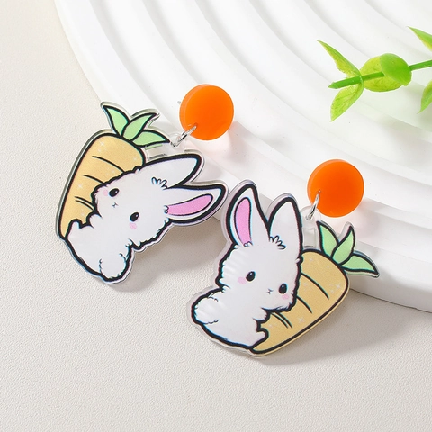 Pendientes de Botón de Pascua de Acrílico Lindo Conejo Blanco de Dibujos Animados con Zanahoria para Mujer Joyería de Moda