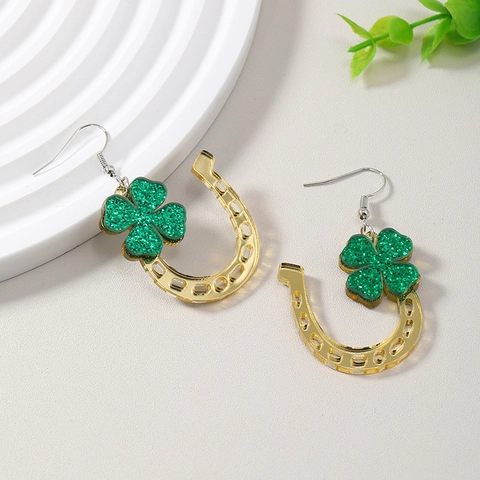 St Patrick's Day Green Glitter Shamrock Horseshoe Hollow Out Earrings For Women Lucky Jewelry Gift Festive Costume Accessory