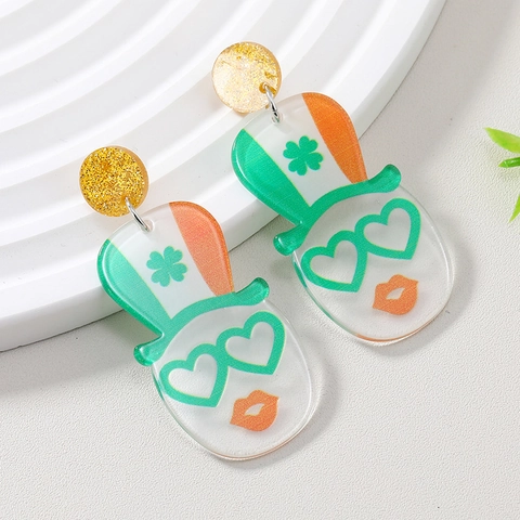 St Patrick's Day Acrylic Earrings Green Shamrock Four Leaf Clover Joker Hat Heart Glasses Irish Festival Jewelry For Women