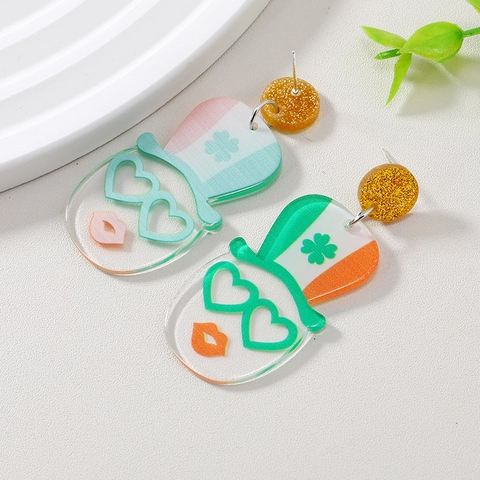 St Patrick's Day Acrylic Earrings Green Shamrock Four Leaf Clover Joker Hat Heart Glasses Irish Festival Jewelry For Women