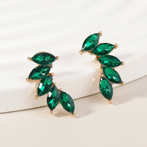 Fashion Alloy Marquise Cut Rhinestone Wing Leaf Stud Earrings Gold Base Colorful Gemstone Ear Crawlers For Women Jewelry