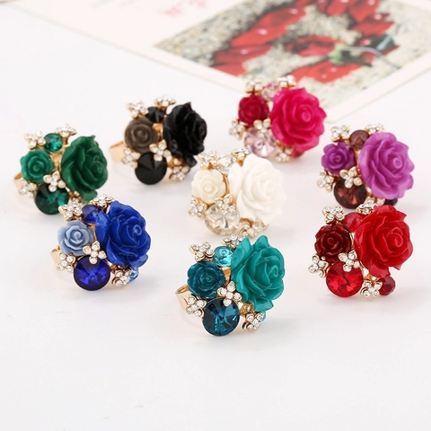 Moda Dulce Resina Flor de Rosa Anillo Abierto Ajustable Vintage Aleación Diamante de Imitación Incrustado Anillo de Cóctel Para Mujer