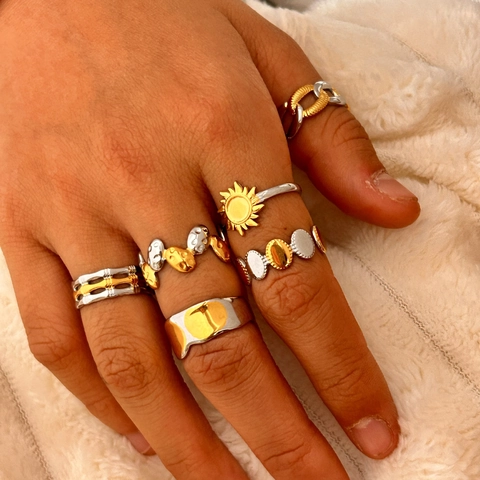 Anillo Abierto De Acero Inoxidable Bicolor Para Mujer Impermeable Hipoalergénico Sol Geométrico Cadena Onda Ajustable Joyería