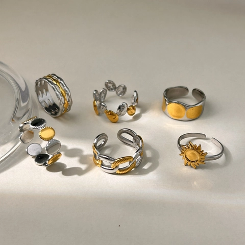 Anillo Abierto De Acero Inoxidable Bicolor Para Mujer Impermeable Hipoalergénico Sol Geométrico Cadena Onda Ajustable Joyería