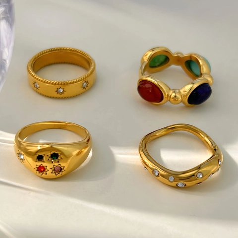 Anello in Acciaio Inossidabile Placcato Oro 18K Vintage Donna Strass Colorati Stella Sigillo Onda Gioielli Regalo