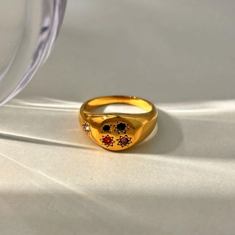 Anello in Acciaio Inossidabile Placcato Oro 18K Vintage Donna Strass Colorati Stella Sigillo Onda Gioielli Regalo