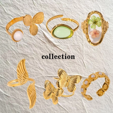 Anello di Lusso in Acciaio Inossidabile con Strass per Donna Design Geometrico Occidentale Placcato Oro Farfalla Croissant