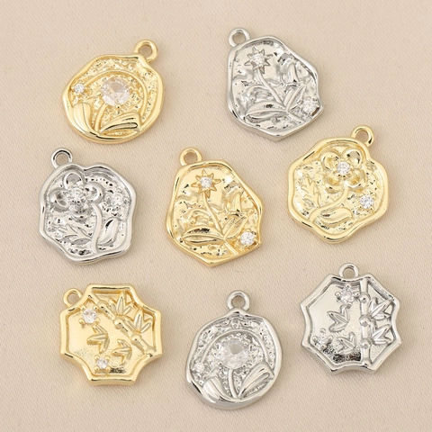 Vintage Copper Flower Pendant With Rhinestone Irregular Botanical DIY Jewelry Making Accessory For Necklace Earrings