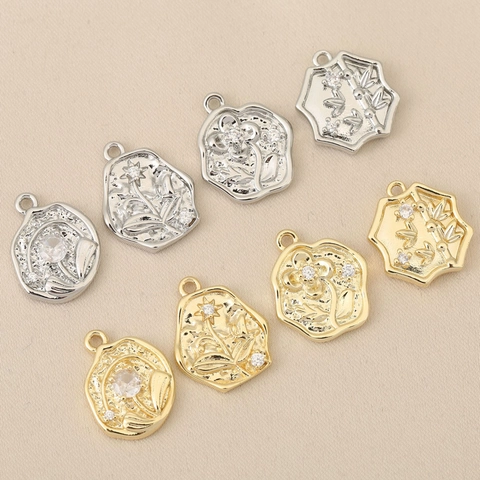 Vintage Copper Flower Pendant With Rhinestone Irregular Botanical DIY Jewelry Making Accessory For Necklace Earrings
