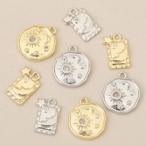 Copper 18K Gold Plated Sun Moon Star Rhinestone Pendant Only (Without Chain) Retro French Style Celestial DIY Jewelry Charm