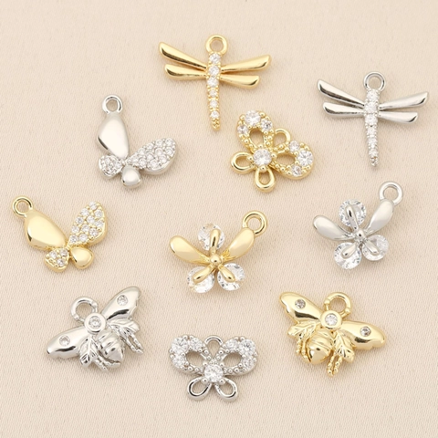 Copper Insect Flower DIY Pendants With Rhinestone Gold Silver Plated Dragonfly Butterfly Bee Charms For Jewelry Making