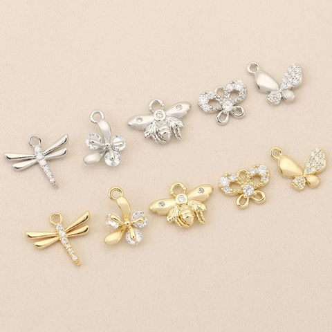 Copper Insect Flower DIY Pendants With Rhinestone Gold Silver Plated Dragonfly Butterfly Bee Charms For Jewelry Making