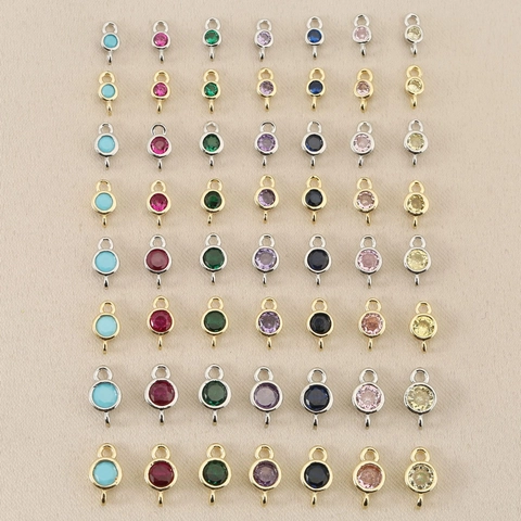 18K Gold Plated Brass Round Birthstone Connector Pendant Circular Double Hole Gemstone Charm For DIY Jewelry Making Accessory