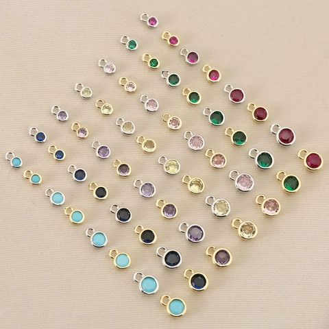 Round Copper Birthstone Pendant Only Without Chain Gold Silver Plated Cubic Zirconia Charm For DIY Jewelry Necklace Craft
