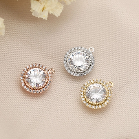 Vintage Round Double Halo Zirconia Pendant Only Without Chain Gold Plated Copper Crystal Charm For DIY Jewelry Making